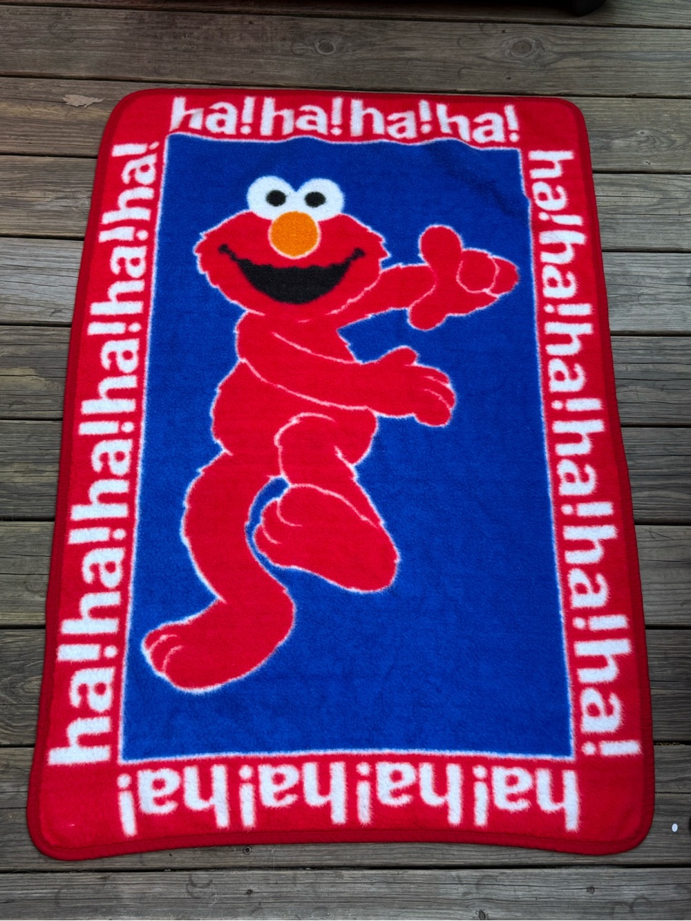 Vintage 90s TICKLE ME ELMO Blanket Ha! Ha! Red Blue Fuzzy Fleece 30"x46"